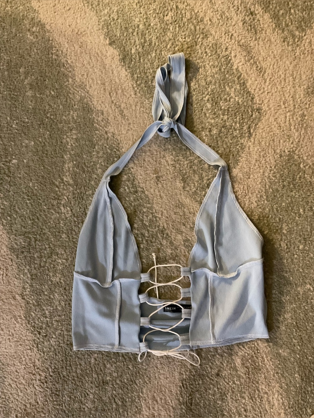 SHEIN Light Blue Ribbed Halter Lace-Up Bandeau Top